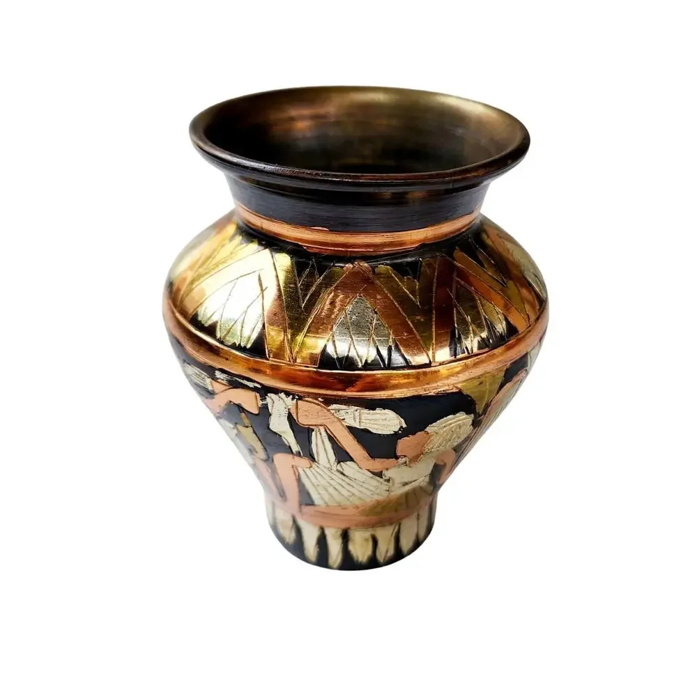 Vintage Egyptian Revival Engraved Brass Copper Bud Vase | Global Boho Decor
